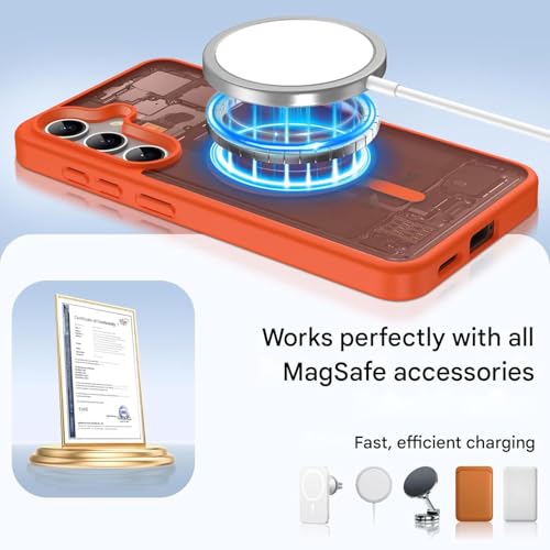 Image of Elzzi Magnetic Magsafe Case for Samsung Galaxy S24 Cover, Compatible with MagSafe Translucent Matte Hard PC + TPU Hybrid Back Cover, Slim Shock-Resistant Protective Case (Cosmic Orange)