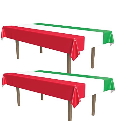 Image of Beistle International Tablecovers, 54 inch x 108 inch, 2 Pieces - Plastic Table Cloth, Rectangular Tablecloth, Italian Decorations, Mexican Tablecloth, Cinco De Mayo Decorations,Red /White /Green