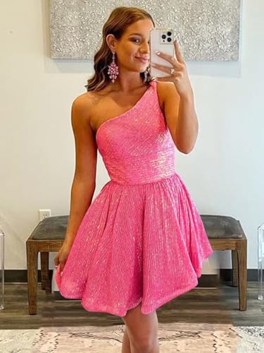 One Shoulder Short Sequin Homecoming Dresses for Teens Sparkly Prom Cocktail Dress with Pockets4