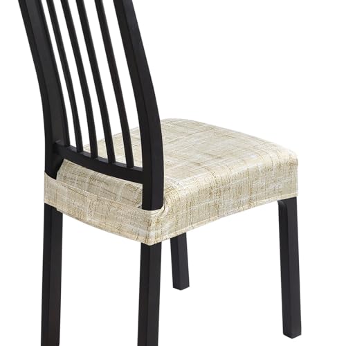 Image of Stretch Dining Chair Seat Covers Set of 6, Soft Removable Washable Seat Covers for Dining Chairs, Dining Room Seat Cover Protector (Rear-Covered, Beige Linen-Look Print)