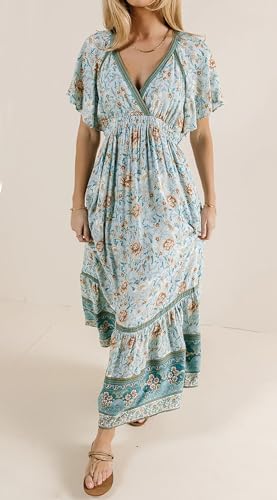 Image of R.Vivimos Women's Summer V Neck Maxi Dress Boho Floral Print Short Sleeve Elastic Waist Ruffle Patchwork A-Line Beach Dress