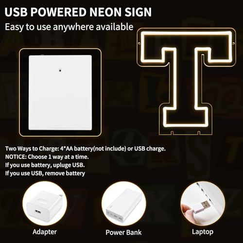 Image of Light Up Letters T, Led Marquee Letter Lights Neon Sign, 13.9 inch Height Decorative Lighted Alphabet Number, Battery /USB Powered Led Letters Lights for Wedding, Birthday, Party, Christmas or Home Decor
