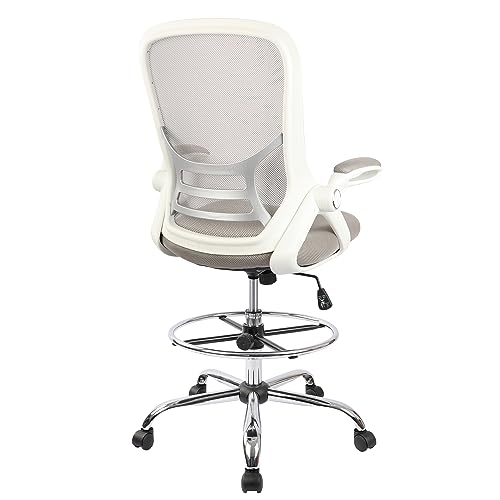 Image of HYLONE Drafting Chair, Tall Office Chair Standing Desk Stool with Adjustable Foot Ring, Flip-Up Arms, Mesh High-Back Drafting Table Chair, White & Grey