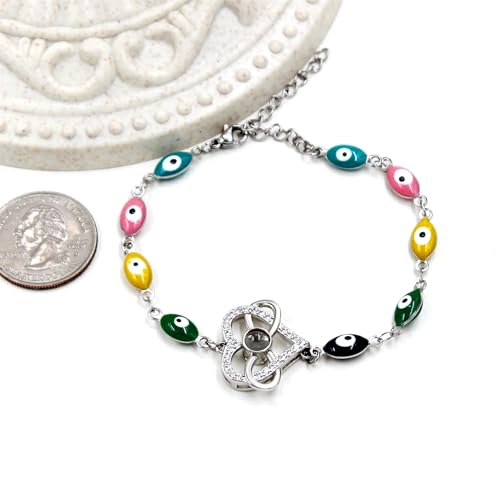 Image of 100 Languages I Love You Projection Heart Charm Evil Eye Chain Bracelet Adjustable Good Luck Jewelry Valentine's Day Anniversary Birthday Protection Gift for Women Mom Wife