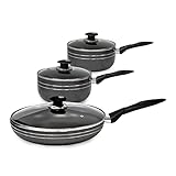 SQ Professional UNA Non-Stick Aluminium Essential Kit - 3pc Saucepan & Frying Pan Set - Pot & Pan Set with Tempered Glass Lid & Steam Vent -Saucepan 16cm & 20cm - Frying Pan 24cm