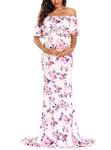 Glampunch Womens Off Shoulder Maternity Dress Ruffles Elegant Slim Gowns Fit Maxi Photography Dress #TOP1