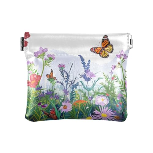 Flowers and Butterflies Coin Purse Leather Pouch Change Purse, Squeeze Coin Pouch for Cards, Keys & Lipsticks, Unisex
