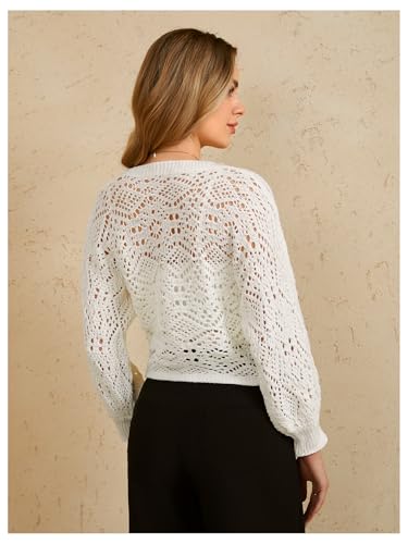 MakeMeChic Women's Fall Crochet Cardigan Sweaters Wrap Pointelle Lantern Sleeve Tie Side Cardigans V Neck Crop Knitwear2