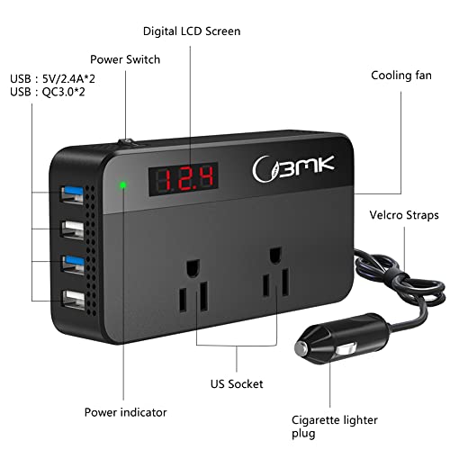 BMK 200W Car Power Inverter DC 12V to 110V AC Car Inverter 4 USB Ports Charger Adapter Car Plug Converter with 2 QC3.0 USB and 2 Type C Ports (Black)