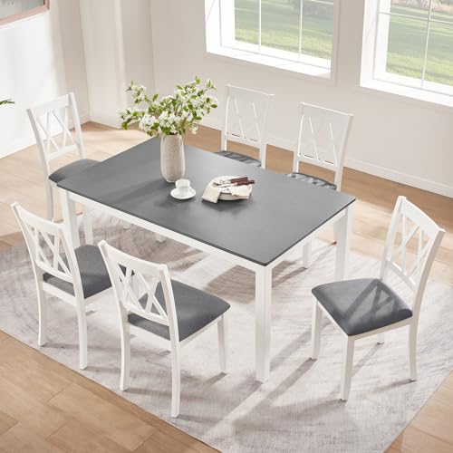 Image of Harper & Bright Designs 7 Piece Dining Table Set for 6, 58.5 inch L Solid Wood Kitchen Table with 6 Upholstered Chairs, Grey White Two-Tone, Space-Saving Design