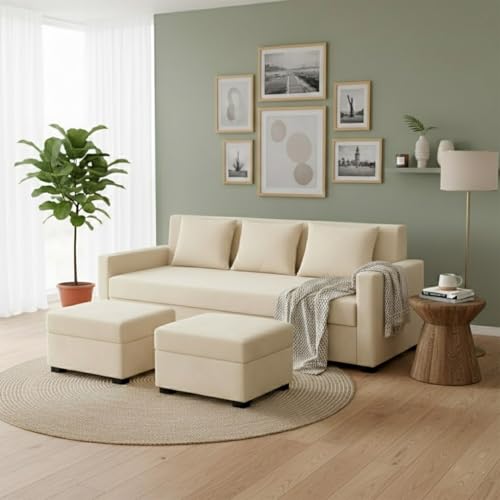 Image of FURNY Lily 3 Seater Fabric Sofa Set with 2 Ottomans (Cream) with Velvet Finish | Durable Comfort | Ideal for Living Room