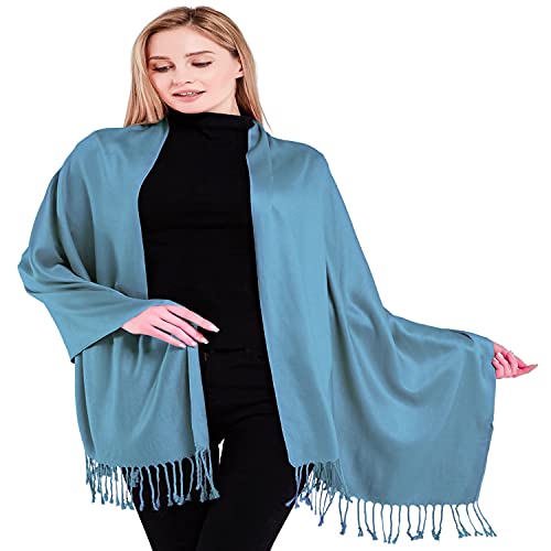 CJ Apparel Denim Blue Solid Color Tassels Design Nepalese Shawl Scarf Wrap Stole Throw Head Wrap Pashmina Hand Made in Nepal New2