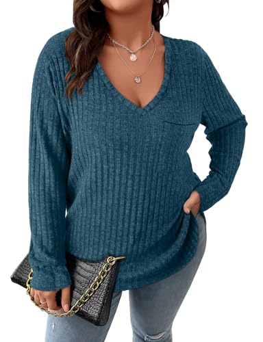 Image of Koscacy Women Plus Size Casual Knit Sweater with Pocket V Neck Solid Color Tops Lightweight Long Sleeve Blouses