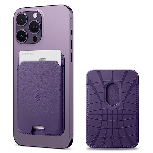Image of Spigen for MagSafe Wallet, Holds 2 Cards, MagFit Compatible with iPhone 17 /16 /15 /14 /13 /12 Models, Pixel 10 Series, MagSafe-Cases, Pixelsnap and More, Card Holder - PU Purple (2-Cards) | Vegan leather MagSafe wallet for iPhone 17-12 Series and PixelSnap Cases - Purple
