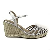 sandalias esparto plata  PAYMA - Sandalias Cuñas de Esparto Yute de Mujer. Esparteras. Planta Interior Acolchada. con o Sin Plataforma. Punta Abierta o Cerrada. Cierre Hebilla de Tobillo. Color: Cuña Plata. Talla 40