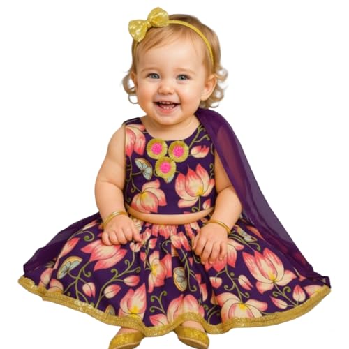 Image of A.T.U.N. (ALL THINGS UBER NICE) Baby Girls Cotton Ethnic Floral Lehenga Choli Set with Lace & Dupatta | Traditional 3-Piece Festive Outfit for Kids