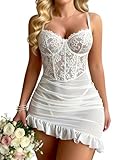 Girece Sexy Lingerie for Women Bridal Lingerie Lace Babydoll Underwire Push Up Nightgown Mesh Ruffle Hem Chemise(White,Small)