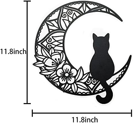 semisky Black Cat and Moon Metal Wall Decor, Metal Moon Phase Wall Art, Cat Wall Sculpture For Cats Lover, Black Cat Hanging Metal Sign Modern Wall Art Decorations