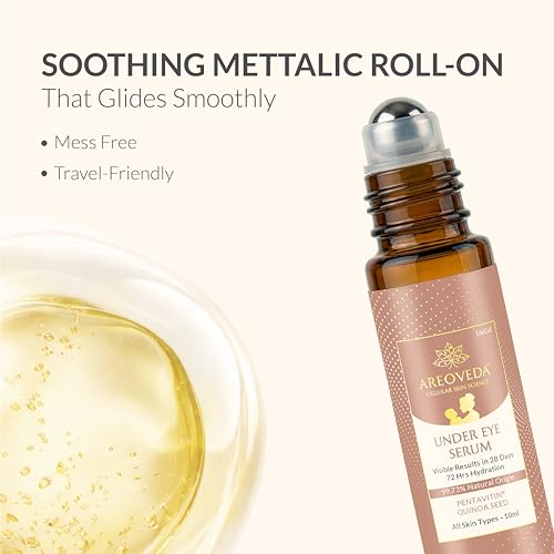 Image of AreoVeda Under Eye Cream with Cooling Massage Roller | Under Eye Roll On with Quinoa for Dark Circles, Puffiness & Fine Lines | Pregnancy-Safe | 10 ml