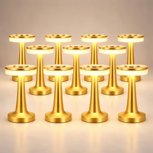 Image of Riakrum 12 Pcs LED Cordless Table Lamp Bulk Rechargeable,Gold | Portable Wireless Lamps, 3 Color Stepless Dimming, 15 Hour Battery, Touch Control, Wedding Home Restaurant Decor