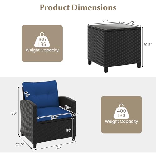 Image of Tangkula 3 Piece Patio Furniture Set, Rattan Conversation Set w /Soft Seat & Back Cushions, Tempered Glass Topped Coffee Table, Cushioned Wicker Seating Set for Backyard, Porch, Poolside