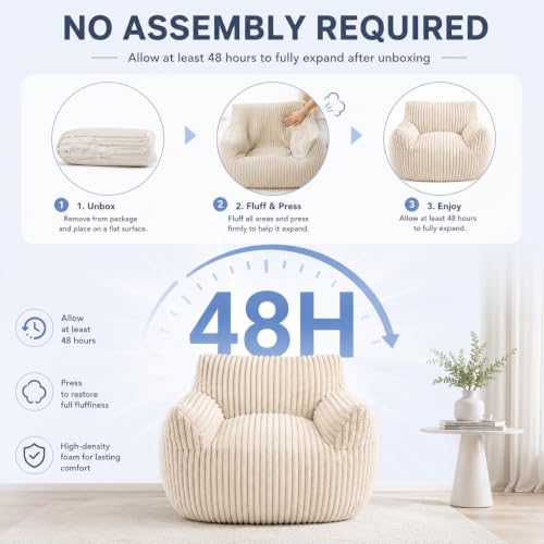 Image of Giant Plush Bean Bag Chair for Adults & Kids, 46 inch Oversized Bean Bag Sofa with Armrests, Memory Foam Comfy Mini Couch Lounge Chair, 400 LBS Floor Couch for Living Room, Bedroom, Game Room, Beige