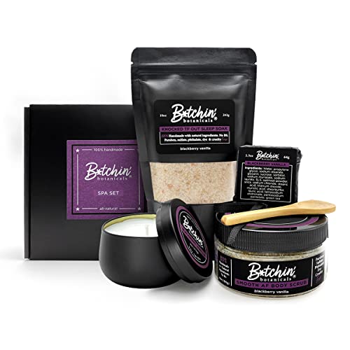 Spa Gift Set (Blackberry Vanilla) 5 Piece set All Natural handmade Relaxing Ultra Hydrating Detoxifying Sleep Soak Exfoliating Sugar Scrub Oatmeal and Shea Butter soap Hand Poured Soy Candle Spoon