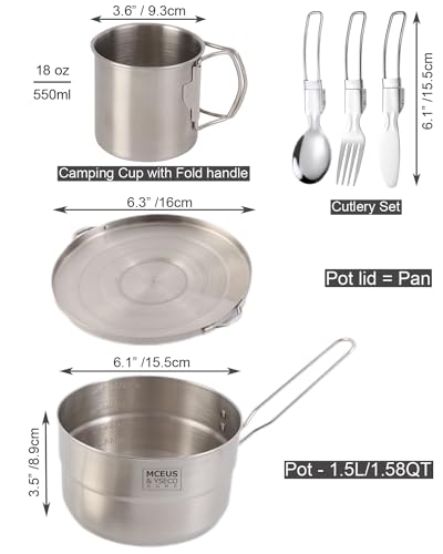 Compact Camping Pot Backpack Mess kit, 18/8 Stainless Steel Camping Pot and Pan Cooking Set, Lightweight Camping Cup, with Folding Camping Silverware Set for Outdoor Camping Hiking Picnic - Image 2