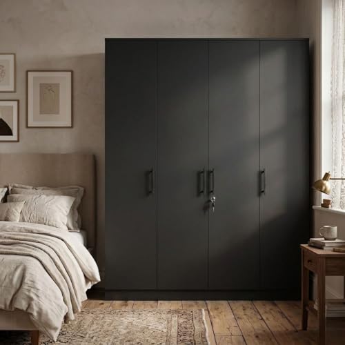 Image of FFO Kavisto 4 Door Wooden Wardrobe for Bedroom, Large Clothes Storage Cabinet with Hanging Space, Shelves, Drawer & Lock, Modern Wood Finish Almirah for Home, Bedroom & Living Room Black DIY.