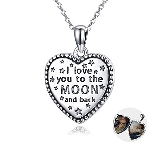 l Love You to the Moon and Back Locket Necklace, 925 Sterling Silver Heart Locket Pendant Necklace that Holds 2 Pictures for Men Women Girls Teens Gift (18''+2'' Extender)