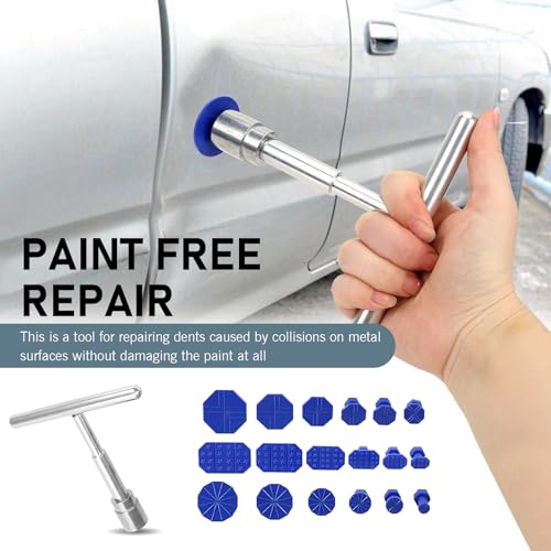Image of 19 PCS Car Dent Repair Tool, Short T-Handle Puller + Eighteen Specifications of Dent Suction Cup Puller, Detachable Portable Multifunctional Universal for Car Repair Accessory (Blue & Silver)