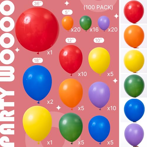 Image of PartyWoo Rainbow Balloon Arch Kit Garland 100 pcs Different Sizes of 36 18 12 10 5 Inch Multicolor Latex Colorful Balloons Assorted Primary Colors for Graduation Baby Shower Birthday Party Decorations
