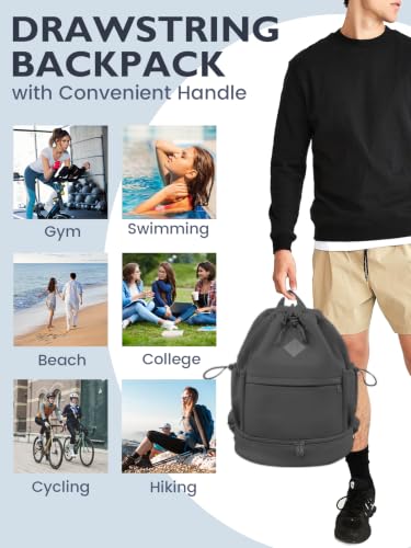 Image of RHDZO Drawstring Gym Backpack with Shoe Compartment & Wet Pocket, Dark Gray