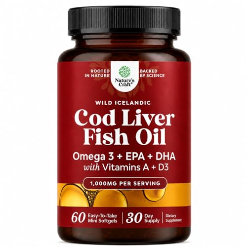 Icelandic Wild Caught Cod Liver Oil Softgels - Fish Omega 3, EPA, DHA, Vitamin D & A, 1000mg Per...