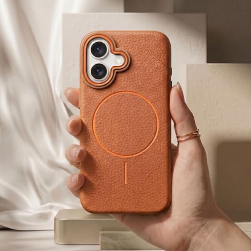 Image of amazon basics Luxury MagSafe Compatible Leather Texture Back Cover for iPhone 16 | Raised Camera Protection | Slim Fit Shockproof Case with Metallic Accents (Orange)