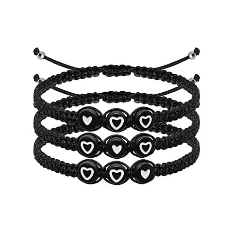 omodofo Matching Heart Bracelet set for 2,3 Big Sis Little Sis Sisters Handmade Braid Adjustable Bracelet Set BFF Friends Bracelet Set Gift for Sisters (Black Rope Bracelet set - 3 Heart Beads) Cover