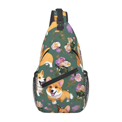 Bolso tipo bandolera Corgi con estampado floral y caricaturas