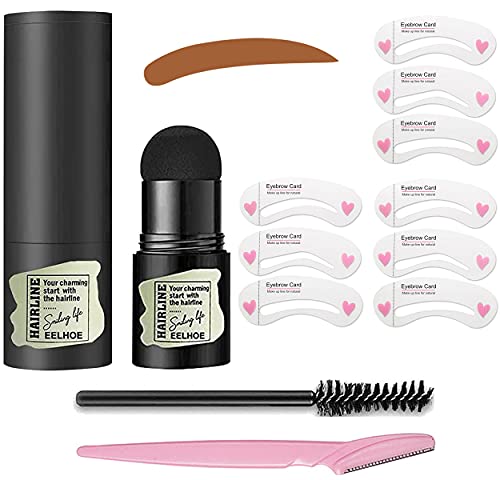 One Step Eyebrow Stamp Shaping Kit Brow Powder Stamp with 9 Reusable Eyebrow Stencils with Eyebrow Pen Brushes, Long Lasting Waterproof Buildable Eyebrow Makeup (Light Brown)