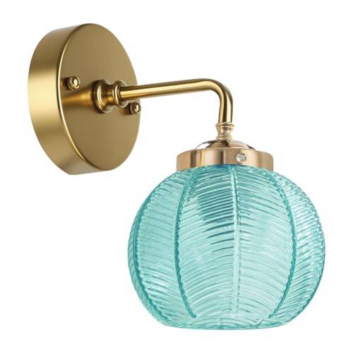 Image of Vintage Wall Sconce Gold Bathroom Vanity Light Hand Blown 1-Light Globe wall Sconce Indoor Wall Light with Blue Glass Shade Mid Century Modern Wall Lighting for Bedroom Hallway Living Room