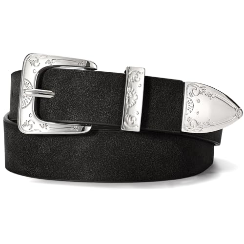 XZQTIVE Women Western Belt For Cowgirl Cowboy Suede Belt For Pants Jeans Vintage Leather Belts With Silver Carved Buckle