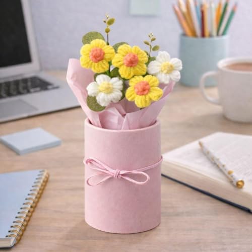 Image of Artificial Crochet Flower Bouquet Handmade Cotton Flowers Bunch for Home Decor, Gift for Girls, Wedding, Festival Decoration, Long Lasting Floral Arrangement (Flower Pot (Yellow))