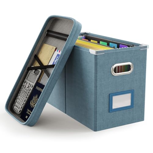 Oterri File Organizer Box with Lid, Hanging Filing File Box with Mesh Pocket, Document Organizer Box for Letter Files, Portable Storage Box with Smooth Sliding Rail for Office&Home (1 PCS, Dark-blue)