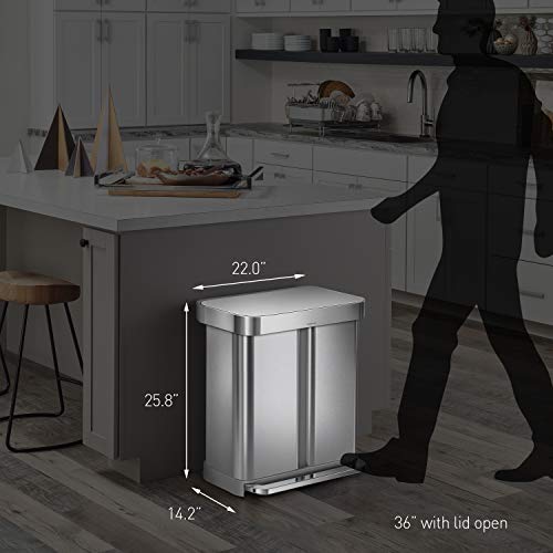 Simplehuman 58 Liter / 15.3 Gallon Rectangular Hands-Free Dual Compartment Recycling Kitchen Step Trash Can With Soft-Close Lid, Brushed Stainless Steel #TOP6