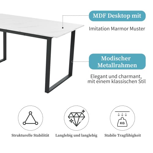 Tavolo da pranzo rettangolare allungabile 140/180 cm, struttura in metallo effetto marmo, tavolo da cucina per 6-8 persone, bianco