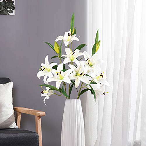 Sunm boutique Artificial Lily Flowers, Easter Lily Flowers with 9 Full Bloom Flower Heads and 3 Buds, Real Touch Rubbery Lily Flower Bouquets for Easter, Wedding Party Office Home Decor, Pack of 3