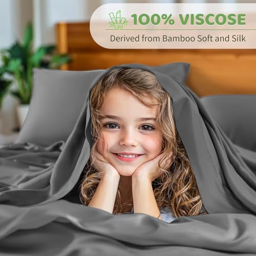 LBRO2M Cooling Bed Sheet 100% Viscose Derived from Bamboo Sheet Set 4 Piece Queen Size,Fit Up to 16" Deep Mattress, 1800 TC Sheet Super Soft Silky Smooth,Breathable Cool Bedding (Queen Dark Gray) - Thumbnail 3