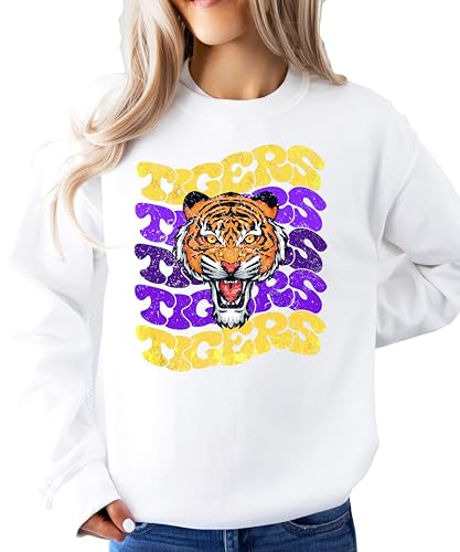 Olive Loves Apple Tigers Purple and Gold Unisex Sweatshirt for Adults and Kids Tiger Mascot Team Spirit Sweater