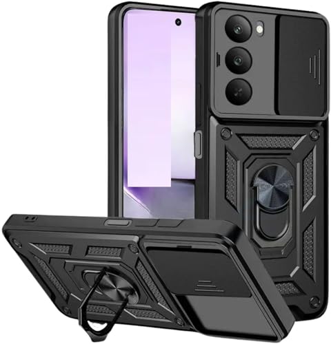 Image of SPAZY CASE Redmi 15 5G Back Cover | Heavy Duty Hybrid Case with 360 Degree Rotating Finger Ring Holder + Slider Shutter Camera Protection Case for Redmi 15 5G - Black