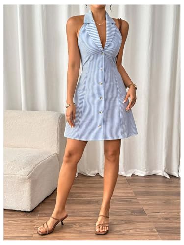 Image of WDIRARA Women's Striped Button Front Sleeveless Halter Dress Lapel Neck Tie Backless A Line Dresses Blue Medium
