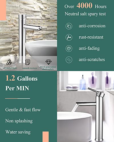 Kuzor Vessel Sink Faucet 1 Hole Single Handle Tall Bathroom Sink Faucet Chrome Bathroom Faucet With Pop Up Drain Solid Brass Faucet For Bathroom Sink #TOP5